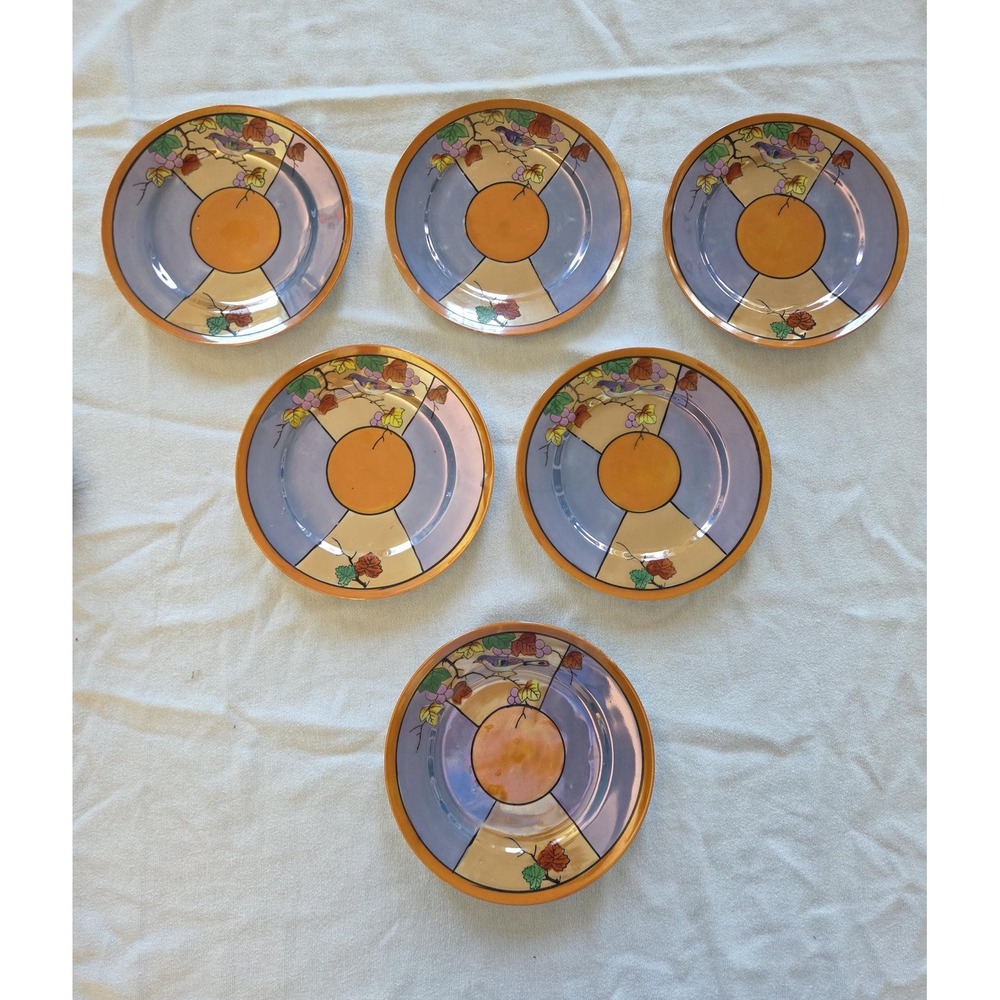 Vintage Japan Lusterware Floral Bird Plates, Set Of 6